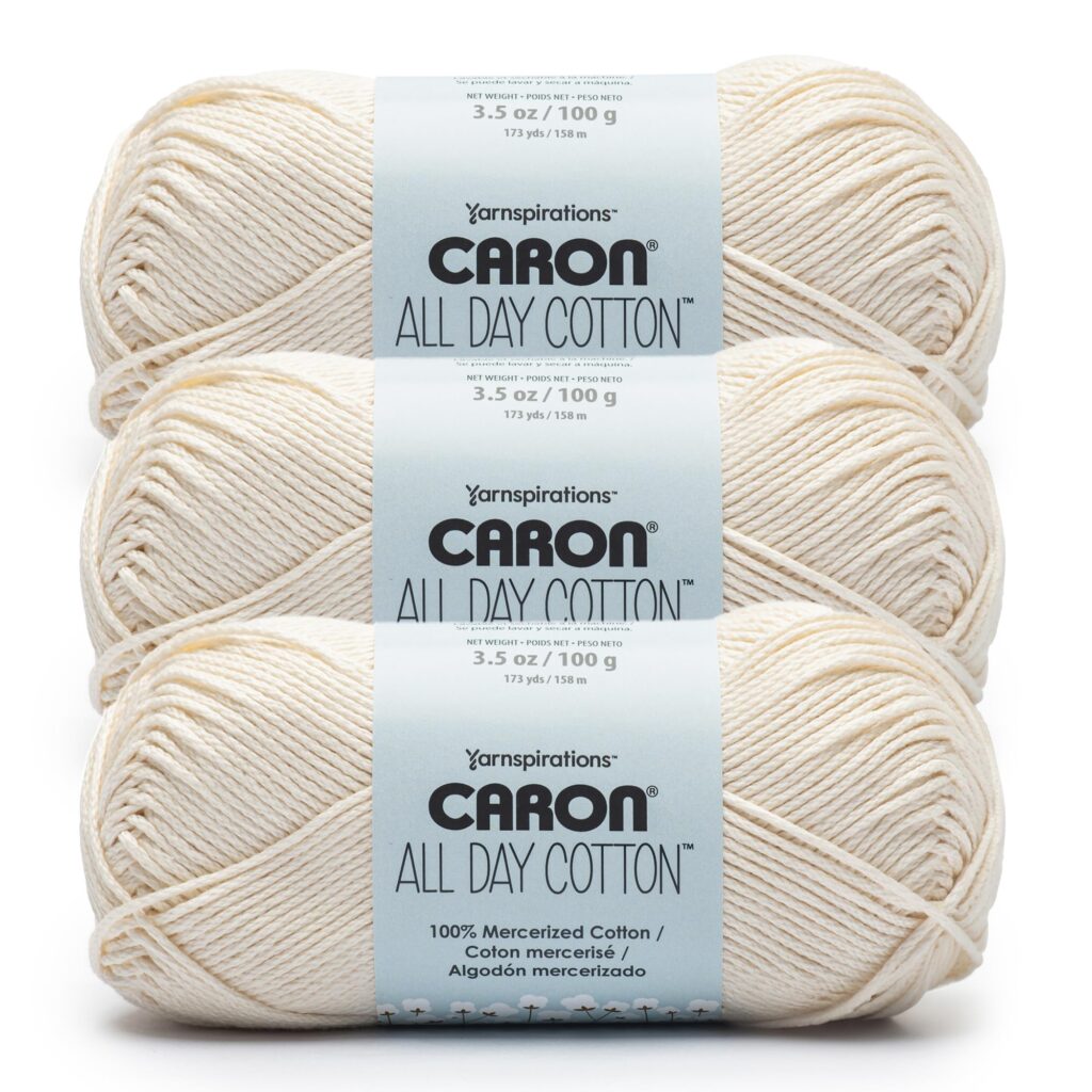 Caron All Day Cotton Yarn, 3-Pack, 173 Yards Each, 100% Mercerized Cotton, Cream