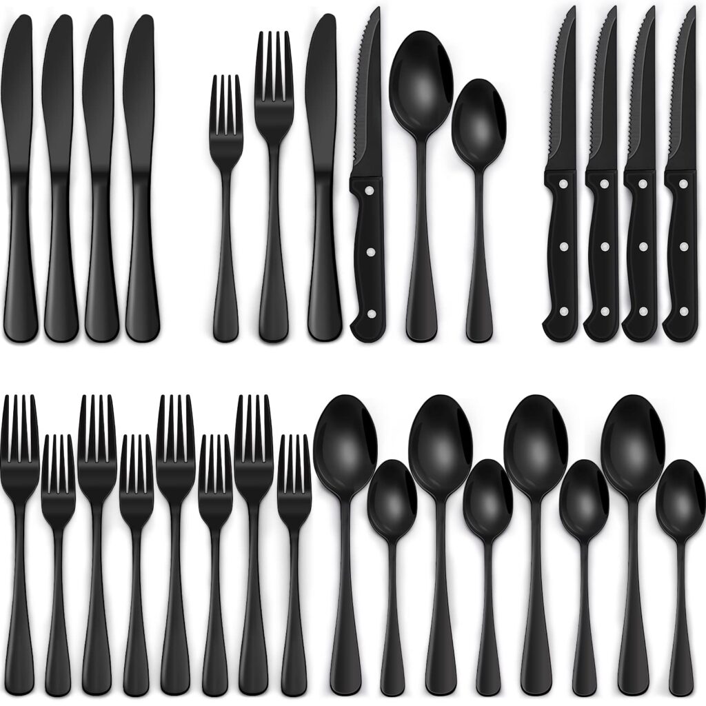 24-Piece Black Silverware Set with Steak Knives – Stainless Steel Flatware Set for 4