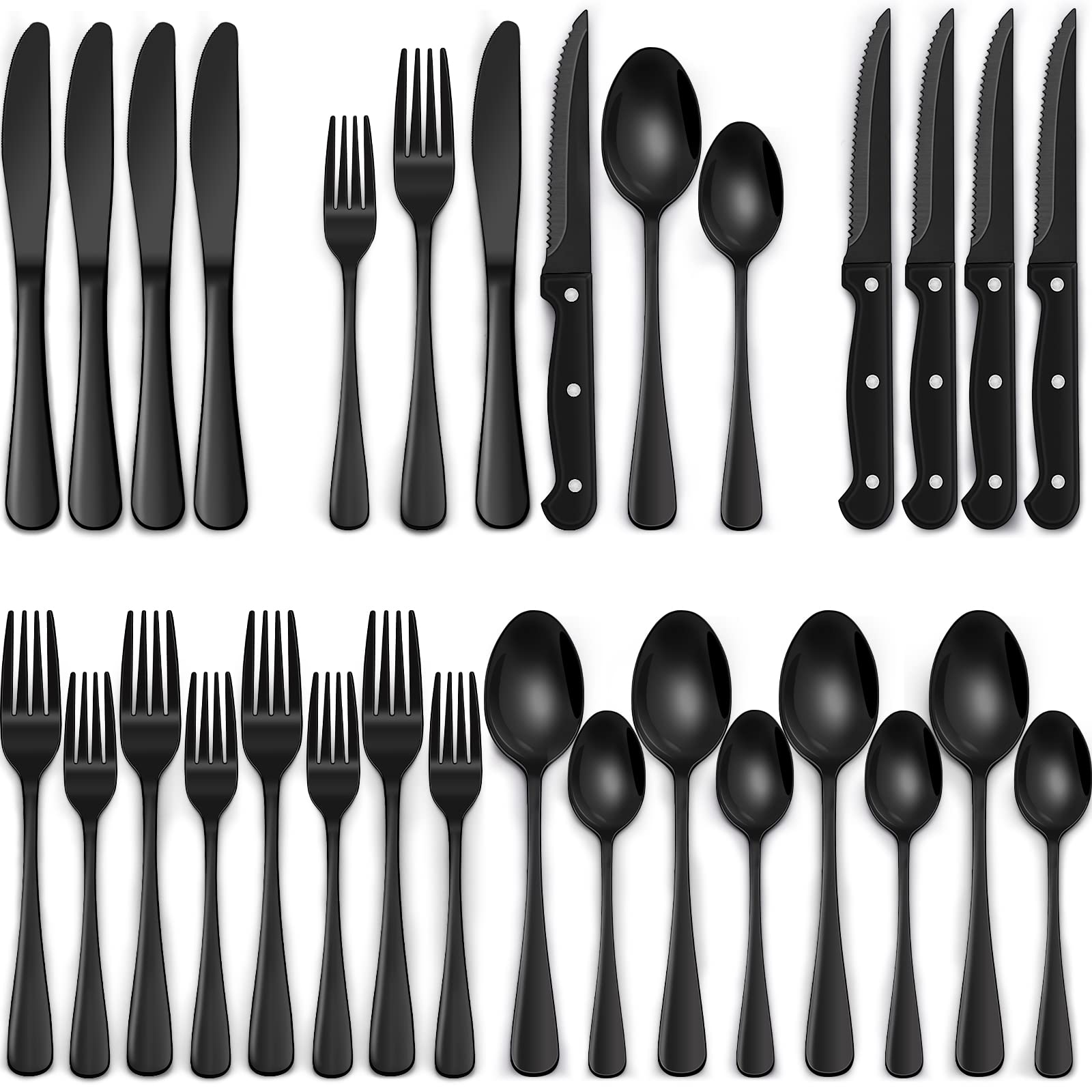 24-Piece Black Silverware Set with Steak Knives – Stainless Steel Flatware Set for 4 - Image 6