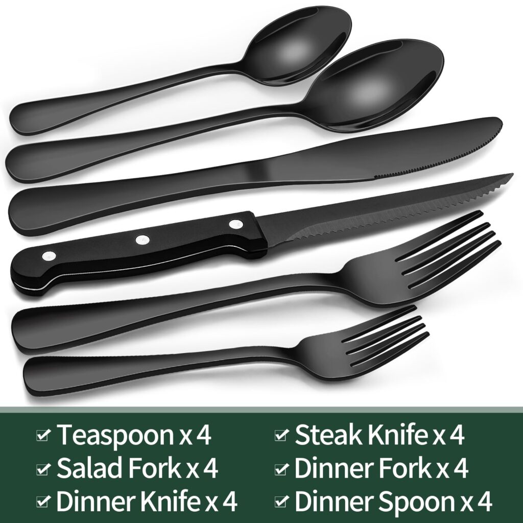 24-Piece Black Silverware Set with Steak Knives – Stainless Steel Flatware Set for 4
