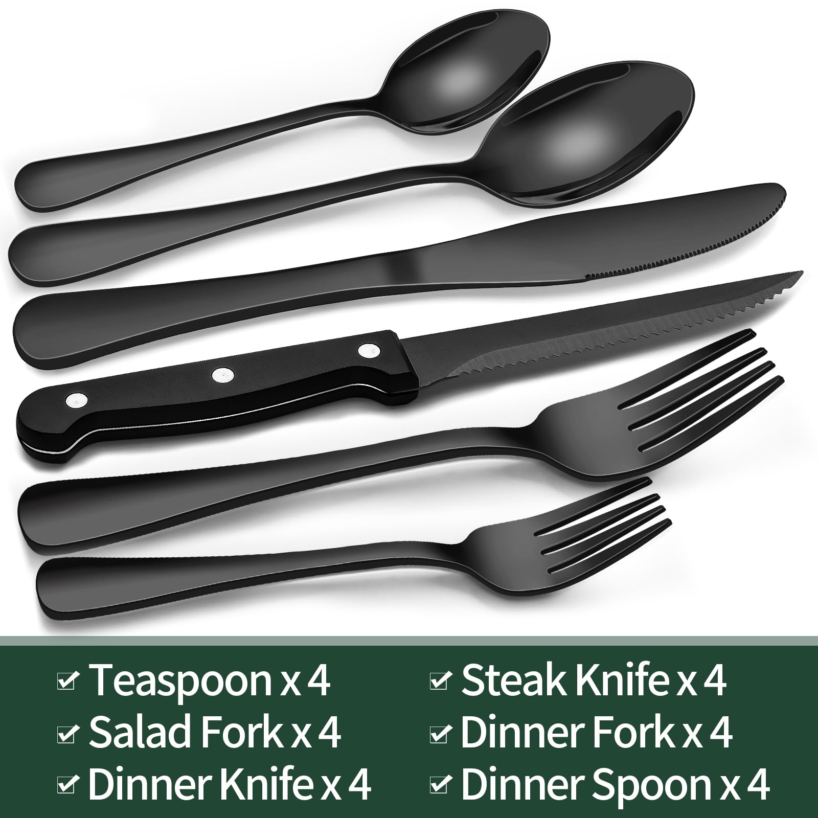 24-Piece Black Silverware Set with Steak Knives – Stainless Steel Flatware Set for 4 - Image 1