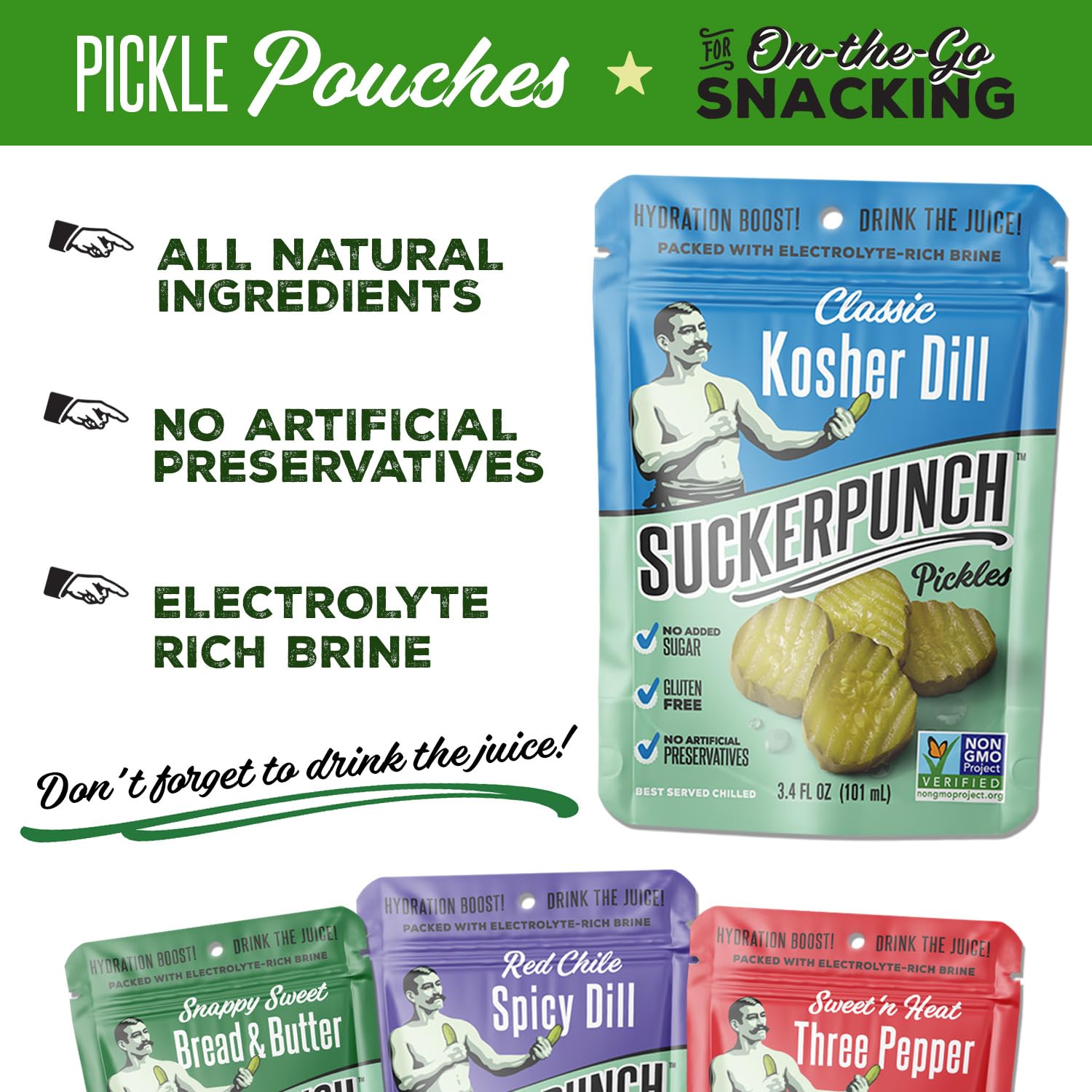 SuckerPunch Pickles 4-Flavor Variety Pack – 12 Single-Serve Pouches, 3.4 oz Each - Image 1