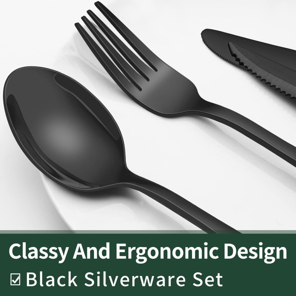 24-Piece Black Silverware Set with Steak Knives – Stainless Steel Flatware Set for 4