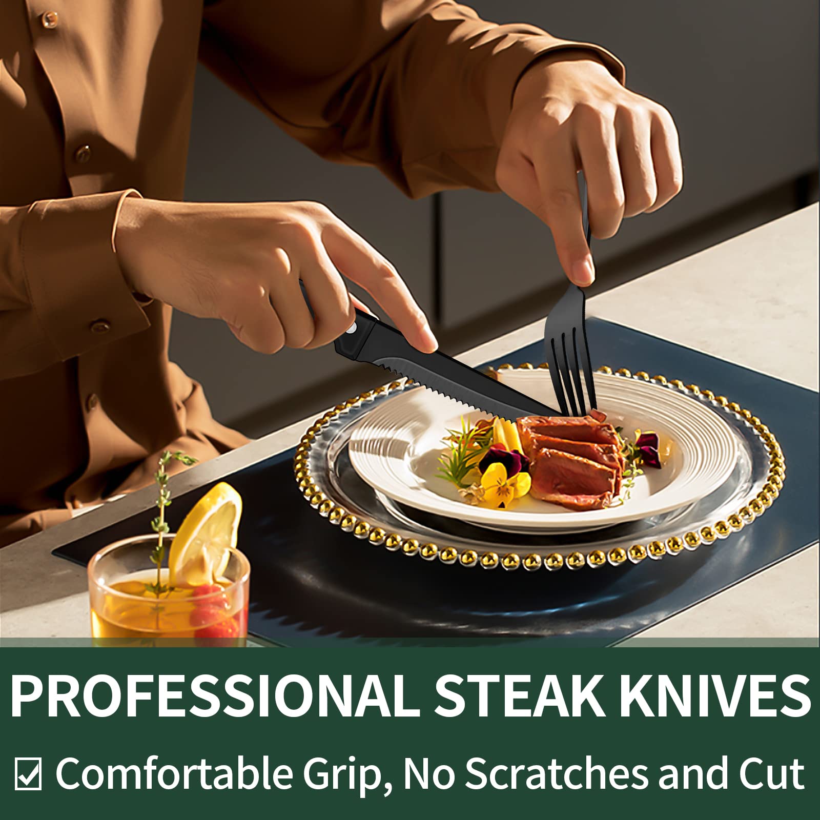 24-Piece Black Silverware Set with Steak Knives – Stainless Steel Flatware Set for 4 - Image 4