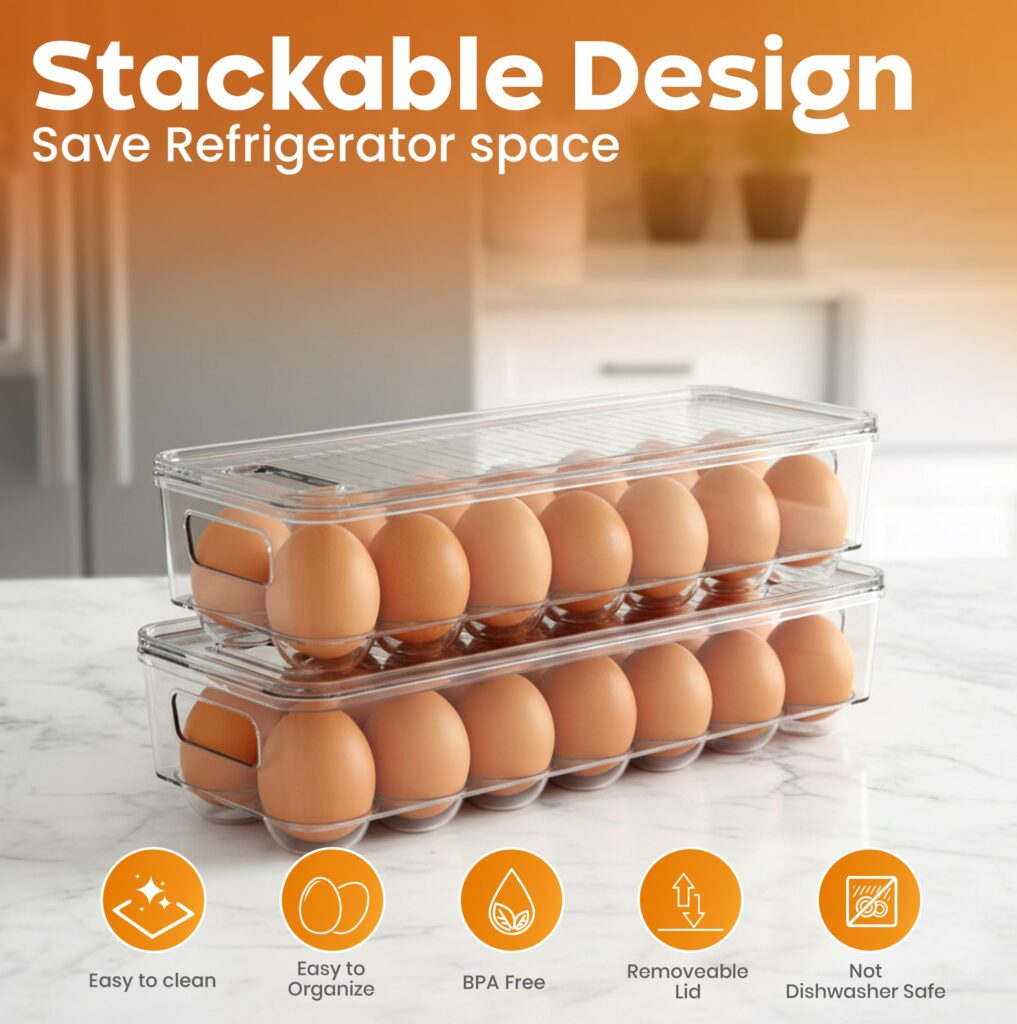 14-Egg Refrigerator Storage Container with Lid – Stackable Egg Holder, 2 Pack