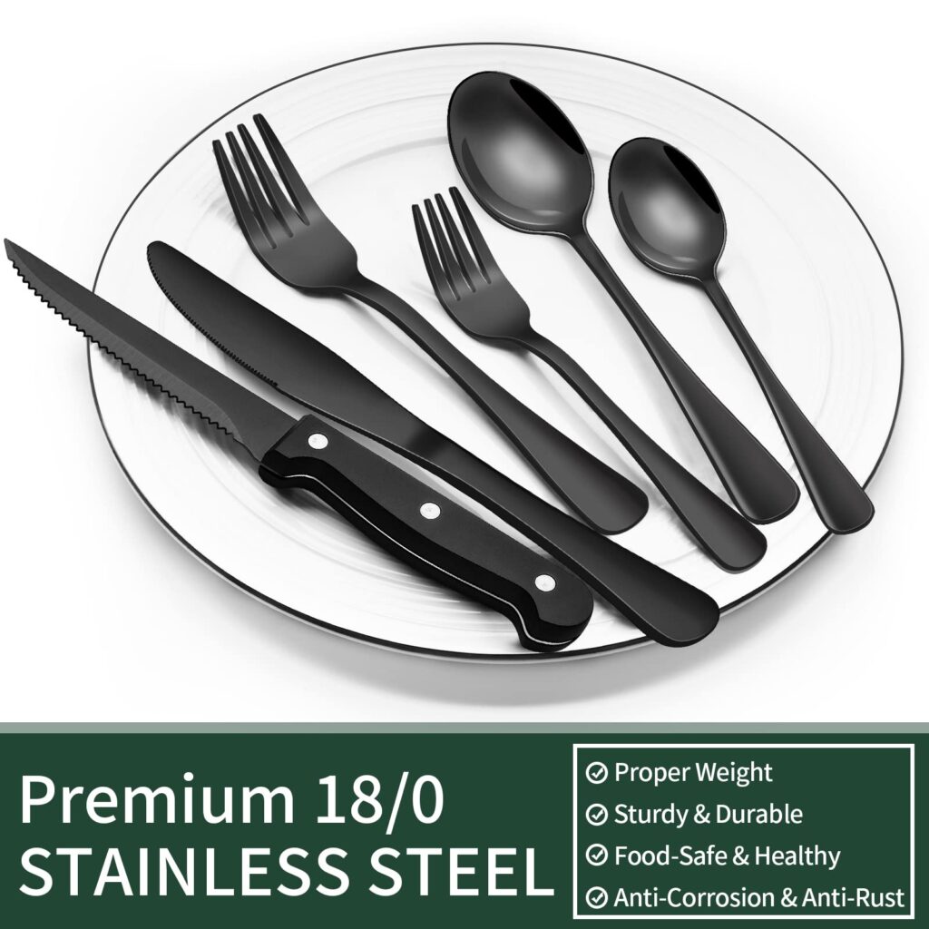 24-Piece Black Silverware Set with Steak Knives – Stainless Steel Flatware Set for 4