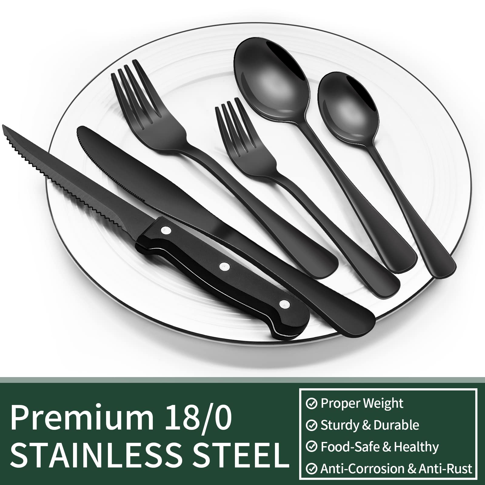 24-Piece Black Silverware Set with Steak Knives – Stainless Steel Flatware Set for 4 - Image 2