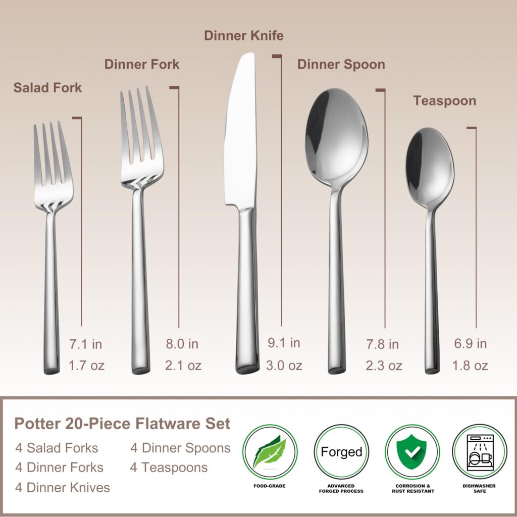 20-Piece Stainless Steel Flatware Set – Modern Silverware Set for 4