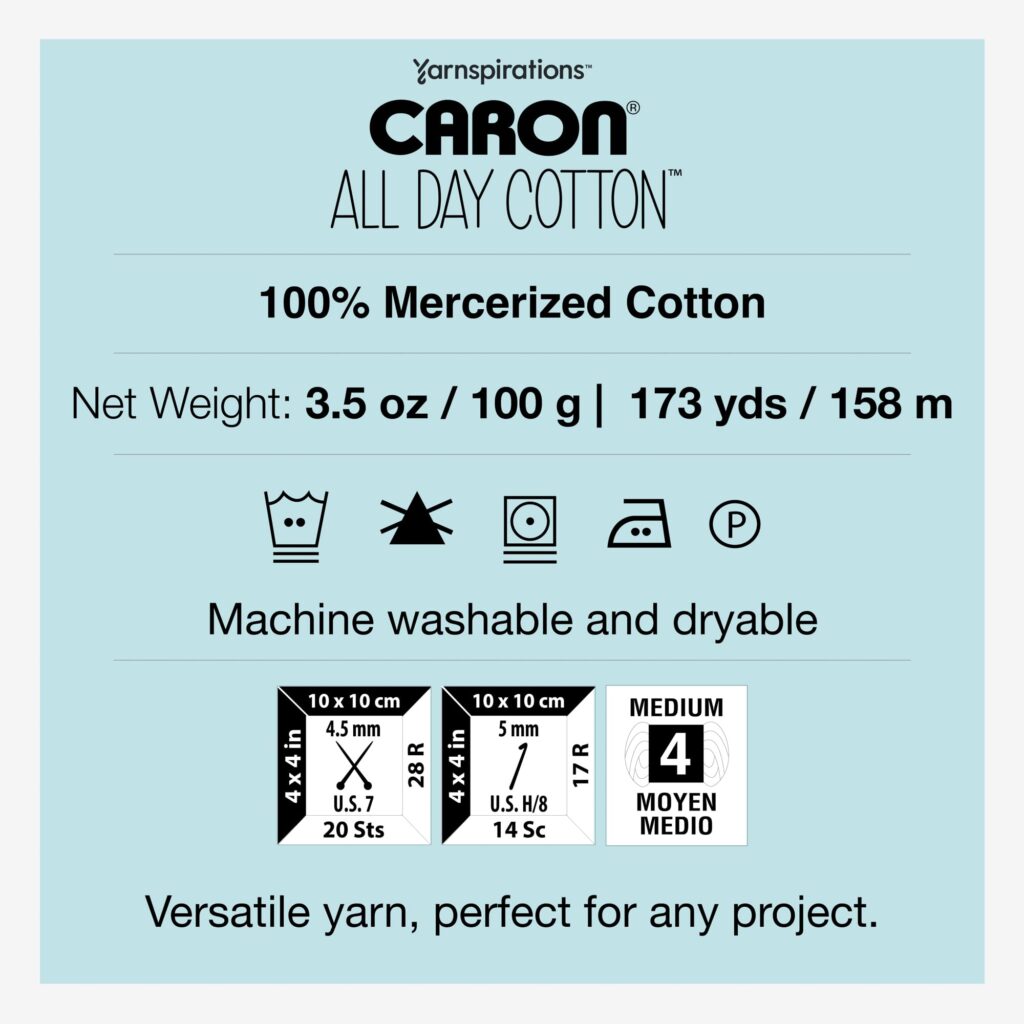 Caron All Day Cotton Yarn, 3-Pack, 173 Yards Each, 100% Mercerized Cotton, Cream