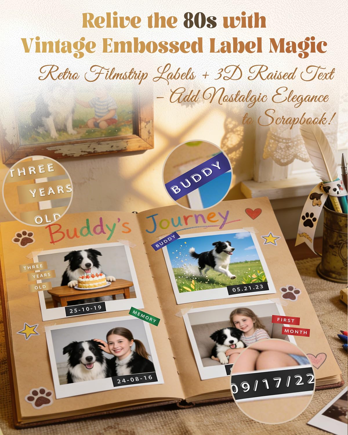 VolenGo Embossing Label Maker with 6 Rolls of Tape – Manual 3D Label Maker for Scrapbooking & DIY Crafts - Image 3