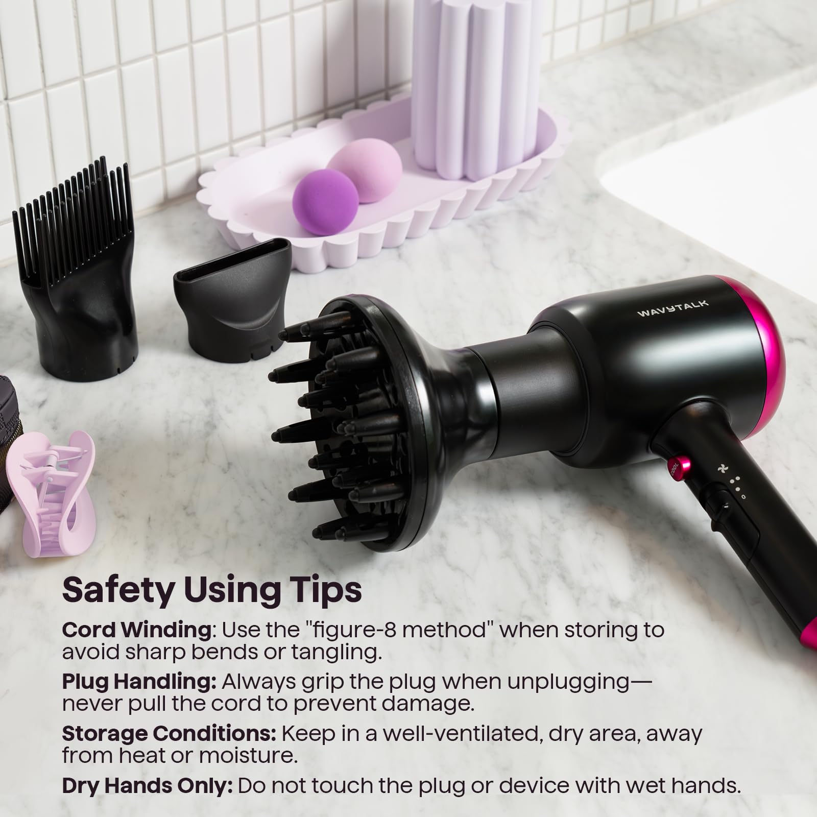Wavytalk 1875W Ionic Hair Dryer with Ceramic Technology & 3 Styling Attachments - Image 2