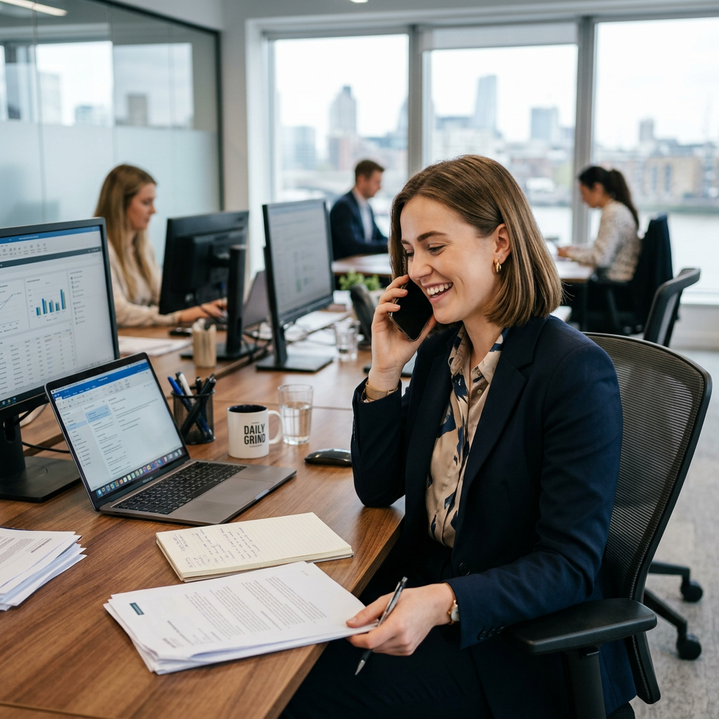 Woman in business attire talking on phone and reviewing paperwork at office desk